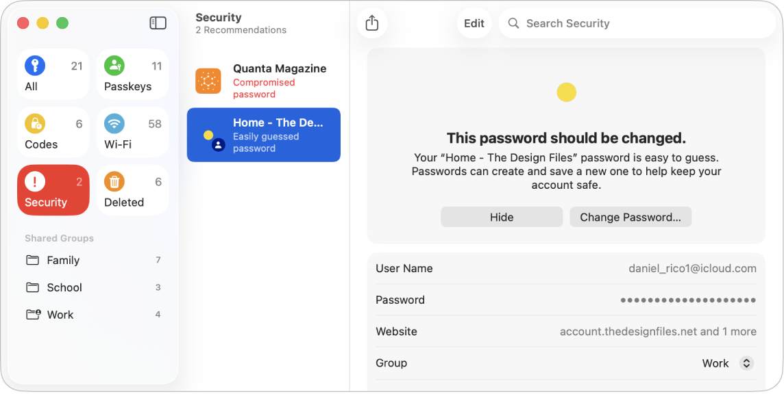 La schermata principale dell’app Password, con i diversi tipi di password nella barra laterale, a sinistra (con l’opzione Sicurezza selezionata), un elenco di tutti gli account con password che presentano potenziali problemi legati alla sicurezza (con Bazare selezionato) e i dettagli relativi al potenziale problema di sicurezza legato all’account Bazare a destra.
