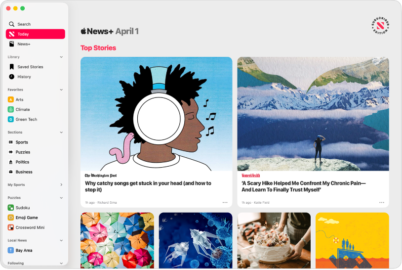 The Apple News window with the sidebar on the left and Top Stories on the right.