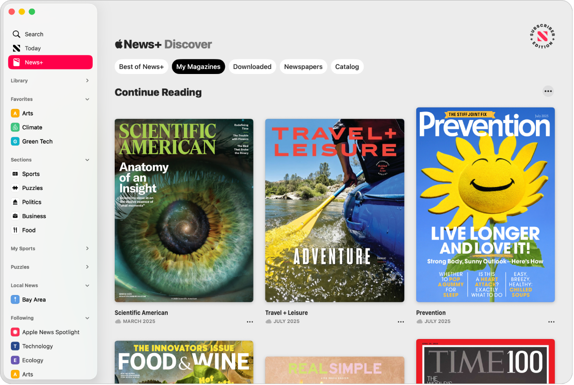 The Apple News window showing News+ selected in the sidebar. In the Apple News+ feed on the right, the collection My Magazines is selected. Below the title Continue Reading, three magazine issues appear in a grid.