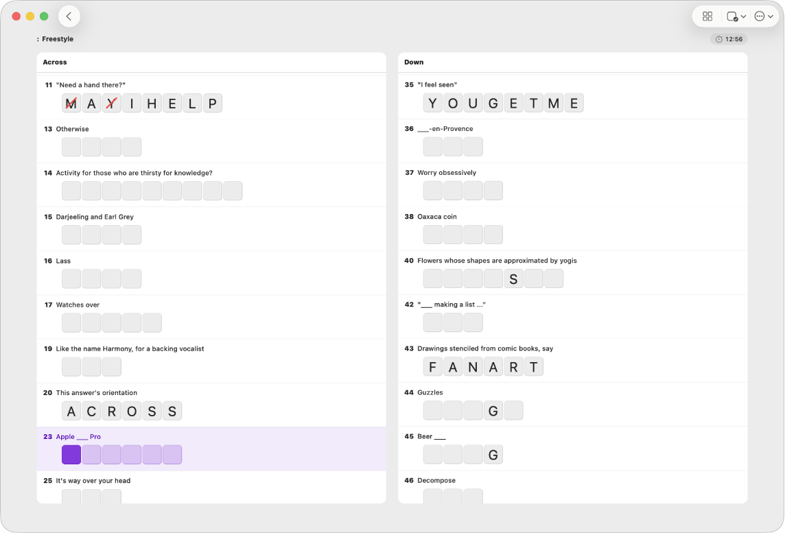 A partially-filled crossword puzzle in list view.
