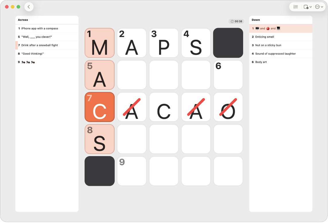 A partially-filled crossword mini puzzle, with the clues on each side and errors marked with red slashes.