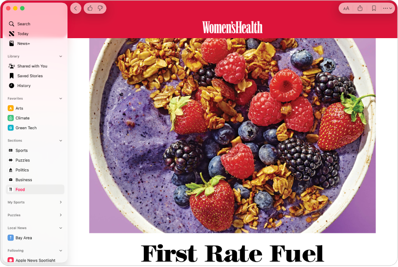 The Apple News window showing a channel selected in the sidebar and a story from the channel on the right.