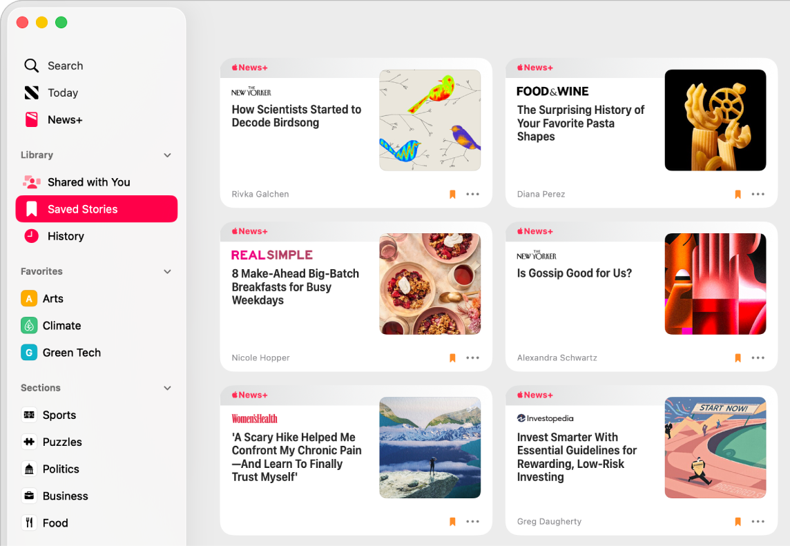 The Apple News window showing Saved Stories selected in the sidebar and a grid of saved stories on the right.