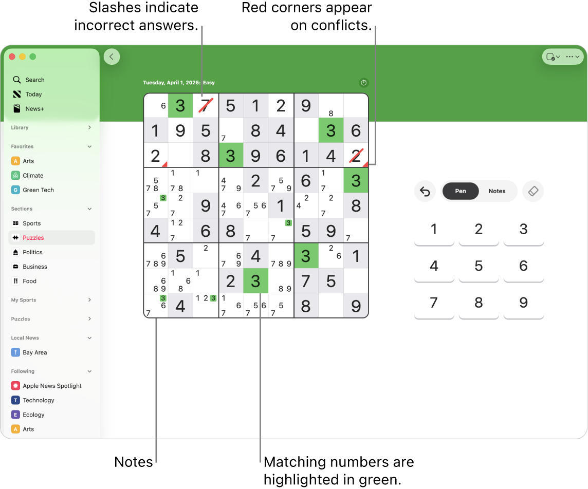 A sudoku puzzle with several features turned on: Notes, Highlight Matching Numbers, Show Conflicts, and Autocheck.