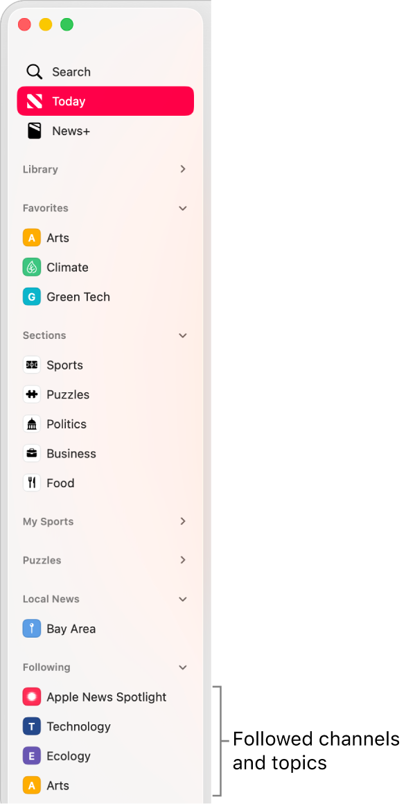 The Apple News sidebar showing followed channels and topics.