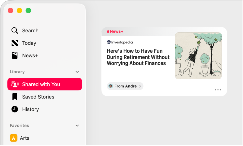 La fenêtre Apple News affichant « Partagé avec vous » sélectionné dans la barre latérale et un article partagé sur la droite.