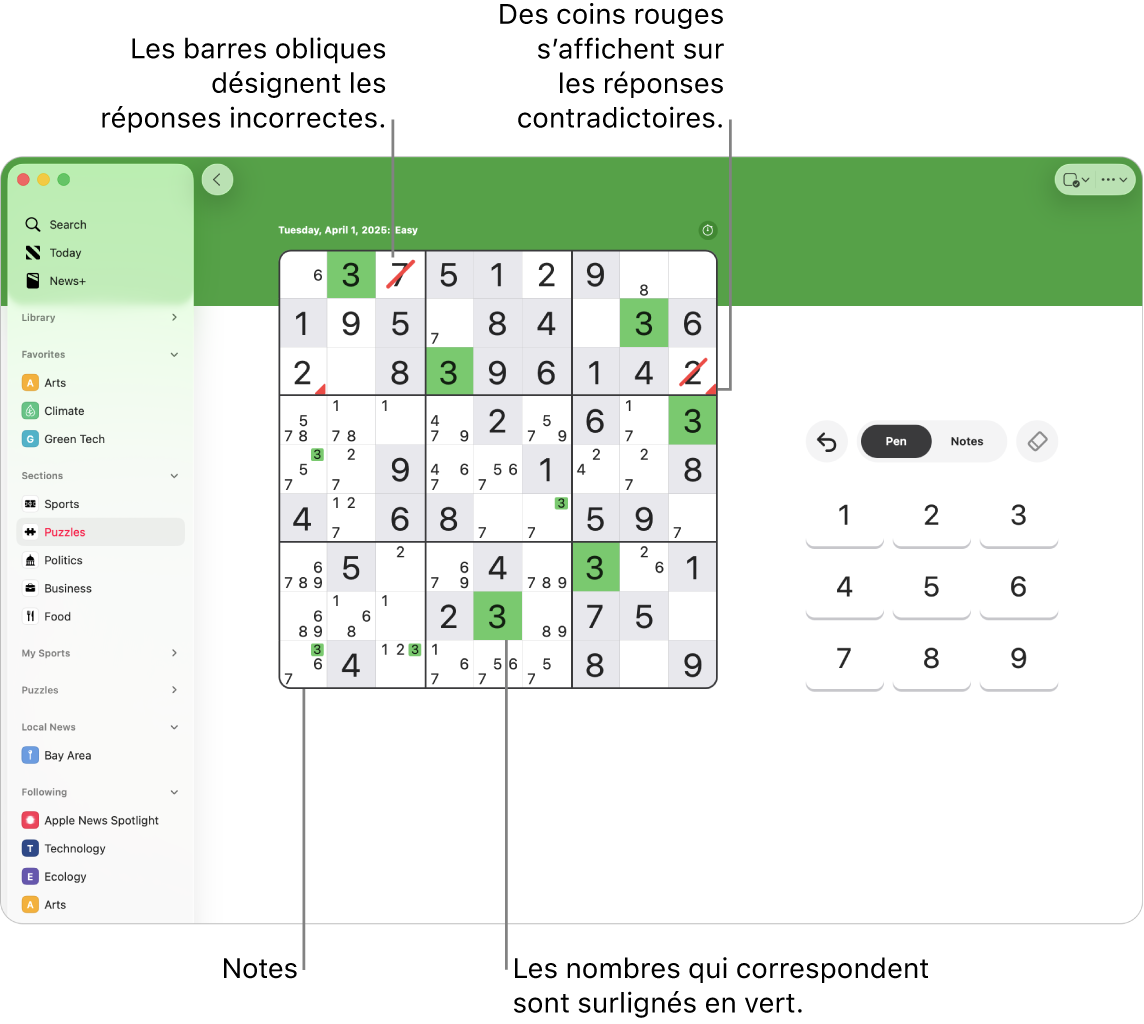 Une grille de sudoku avec plusieurs fonctionnalités activées : Notes, Surligner les chiffres identiques, Afficher les conflits et Validation automatique.
