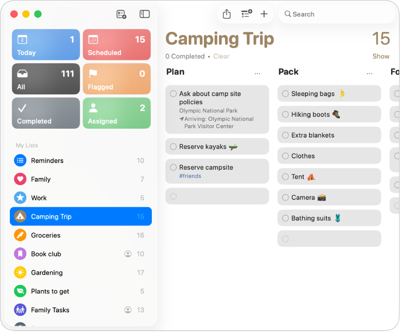 نافذة في تطبيق التذكيرات تعرض عدة قوائم وقائمة محددة في عرض الأعمدة على اليسار.