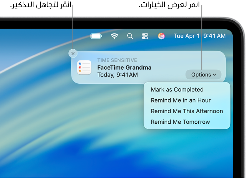 إشعار تذكير يظهر فيه الزران إكمال ولاحقًا.
