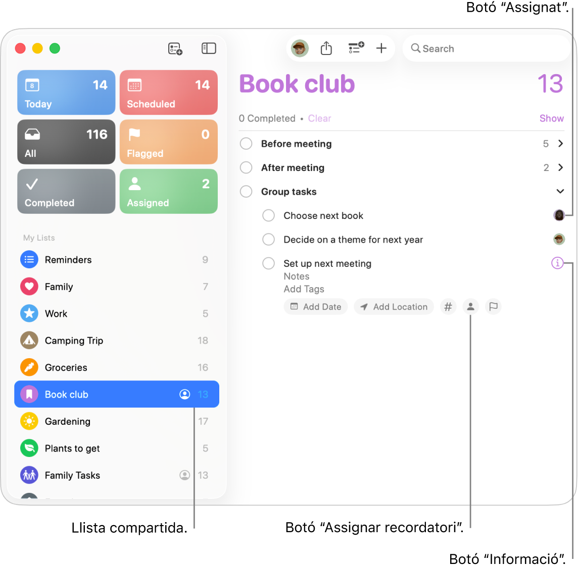 Finestra de l’app Recordatoris que mostra una llista compartida amb recordatoris assignats.
