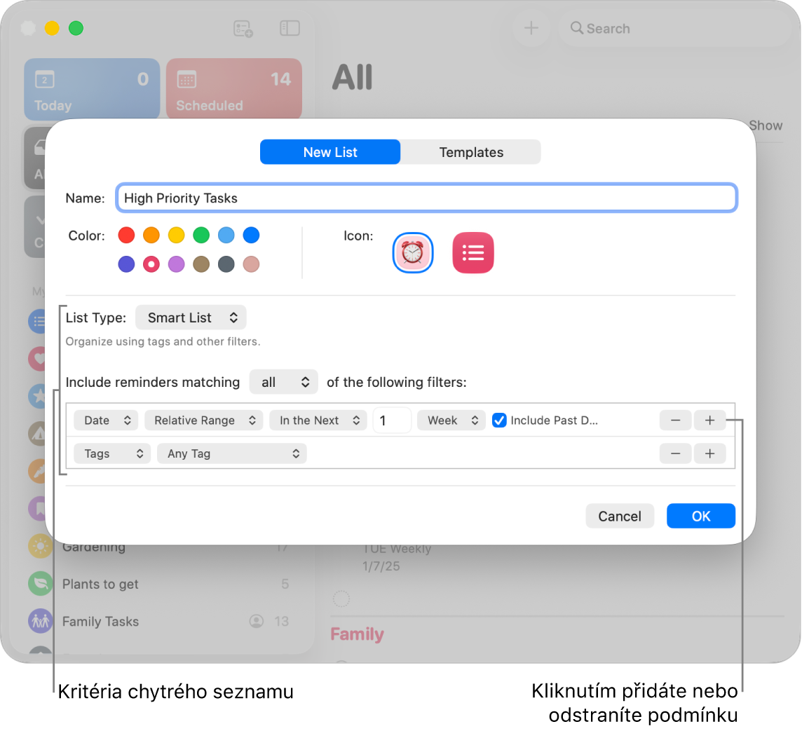 Dialogové okno Nový chytrý seznam, v němž jsou vidět pole pro zadání kritérií