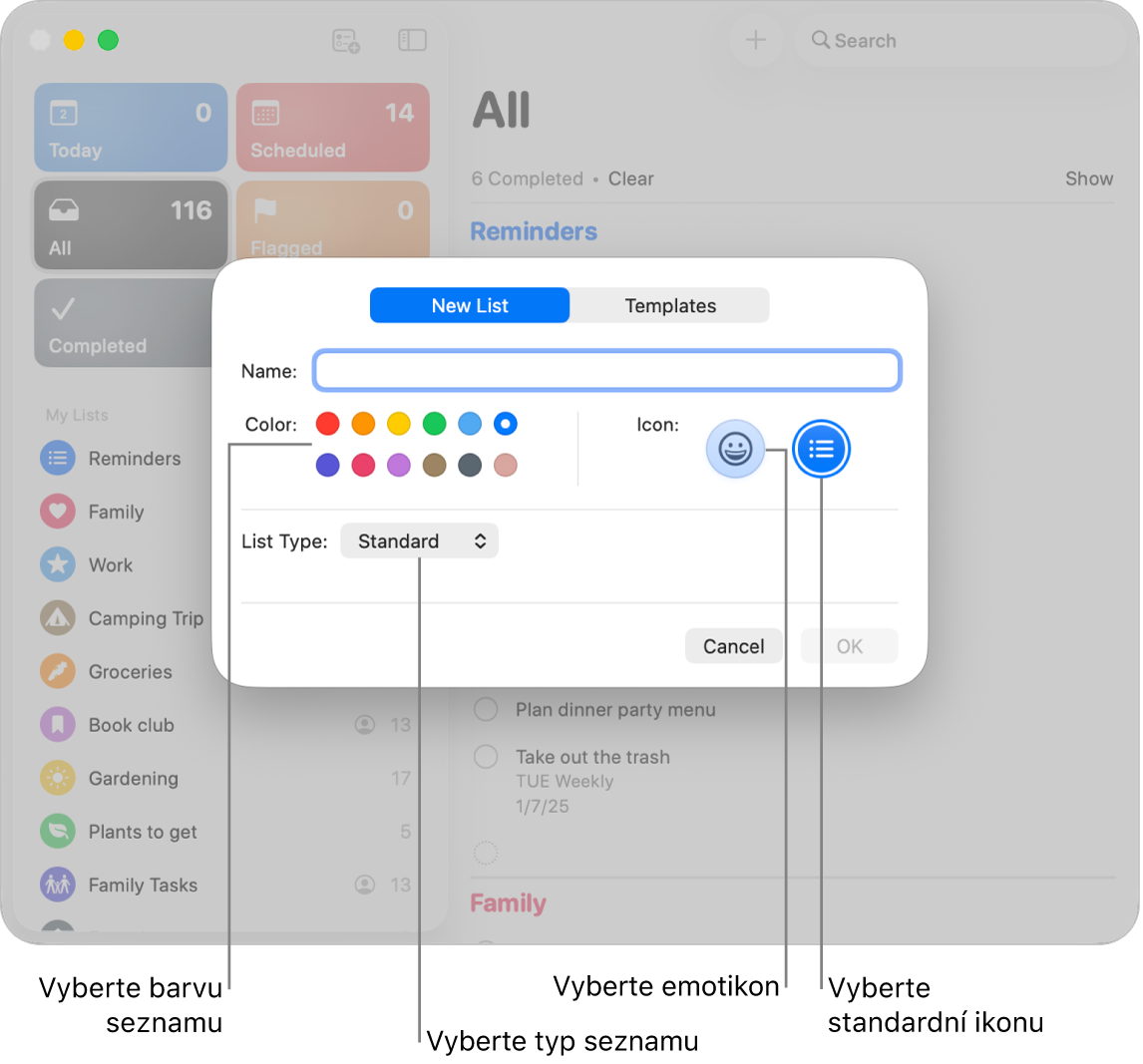 Okno Připomínek se zobrazenými volbami pro nový seznam.