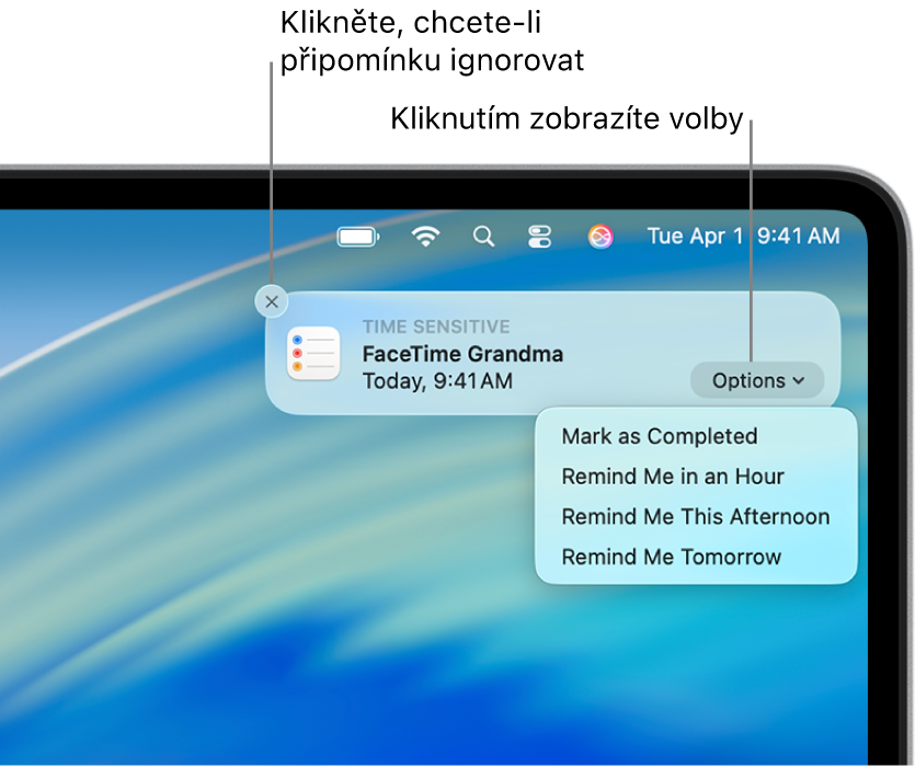 Oznámení připomínky s tlačítky Zavřít a Odložit