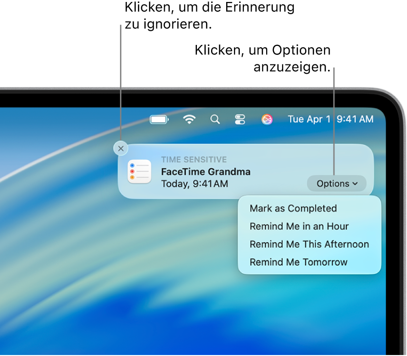 Eine Erinnerungsmitteilung mit den Tasten „Abschließen“ und „Später“