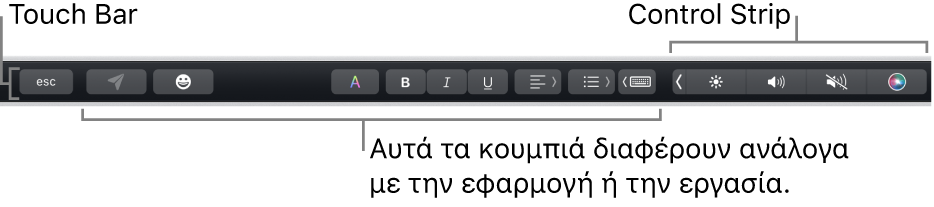 Το Touch Bar κατά μήκος του πάνω μέρους του πληκτρολογίου, όπου εμφανίζεται το συμπτυγμένο Control Strip στα δεξιά, και κουμπιά που διαφέρουν ανά εφαρμογή ή εργασία.