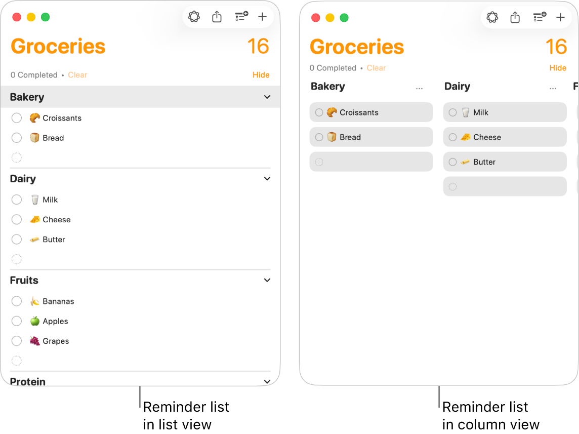 On the left, a reminder list viewed as a list is shown; on the right, the same reminder list viewed as columns is shown. The reminder list has three sections; the section titles are used for the column headings.