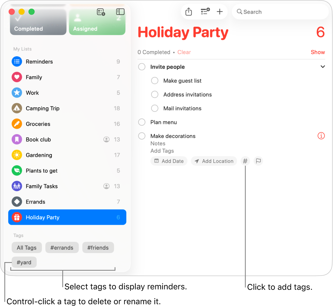 A Reminders window showing several tags in the sidebar and a reminder with the Tags button.