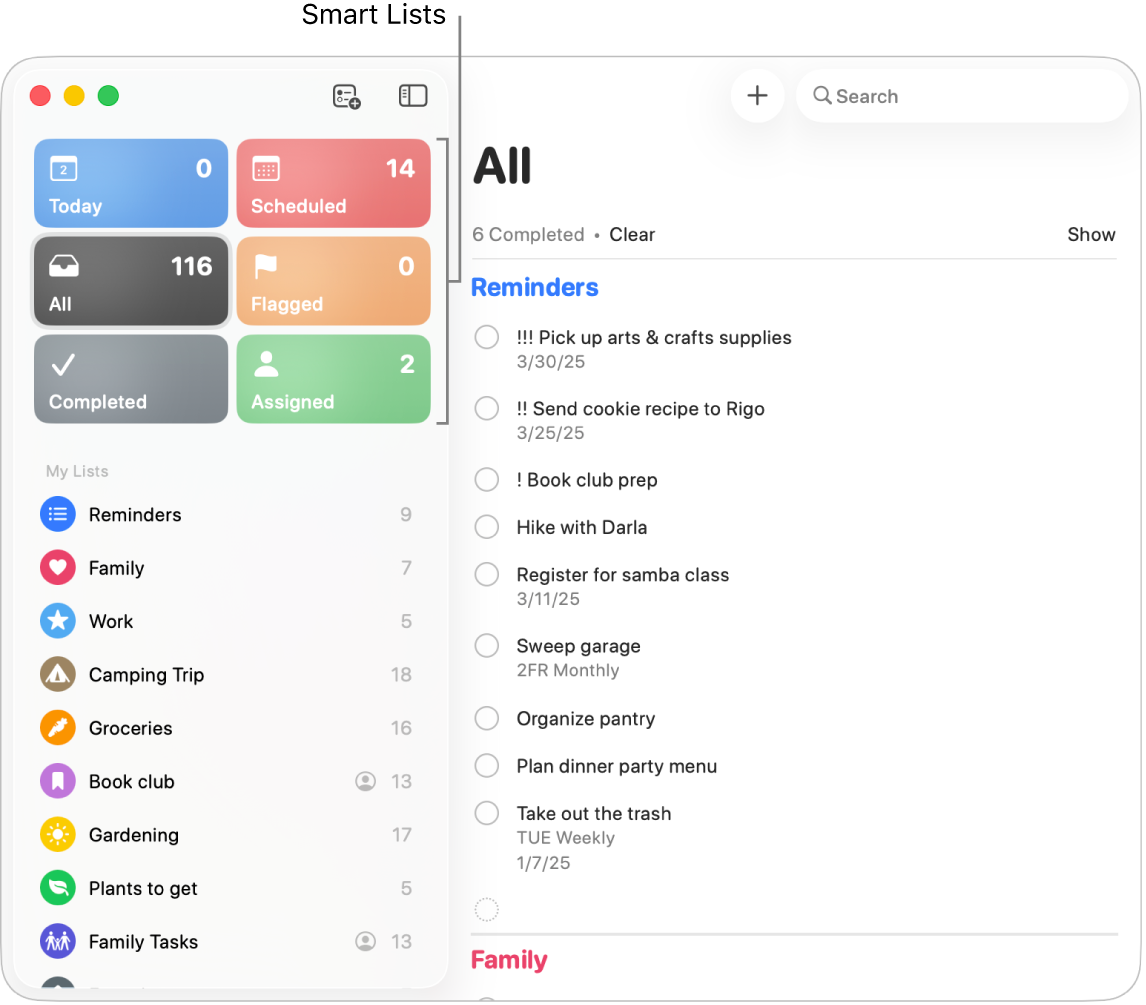 A Reminders window showing Smart Lists in the sidebar.