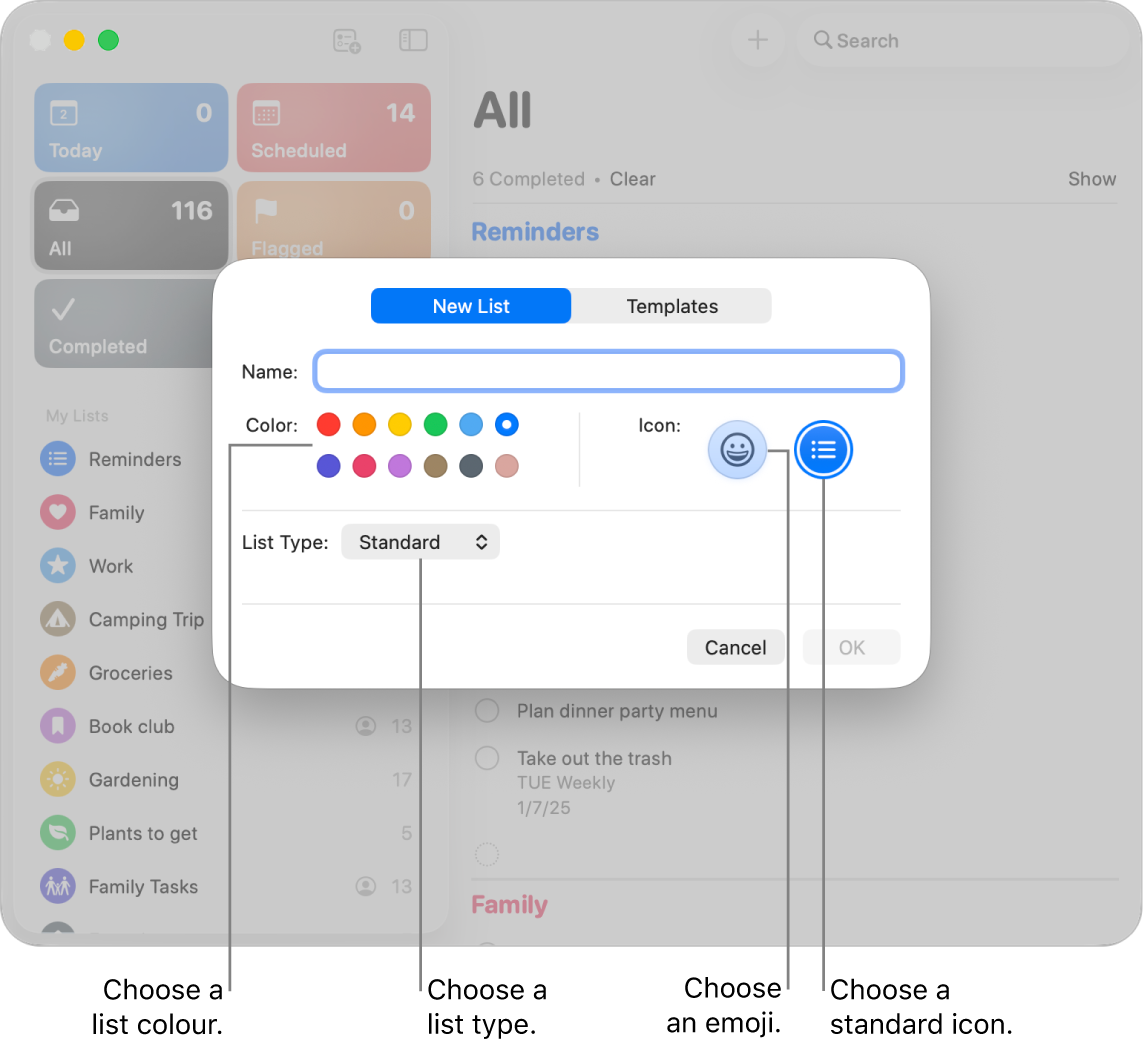 The Reminders window showing the options for a new list.