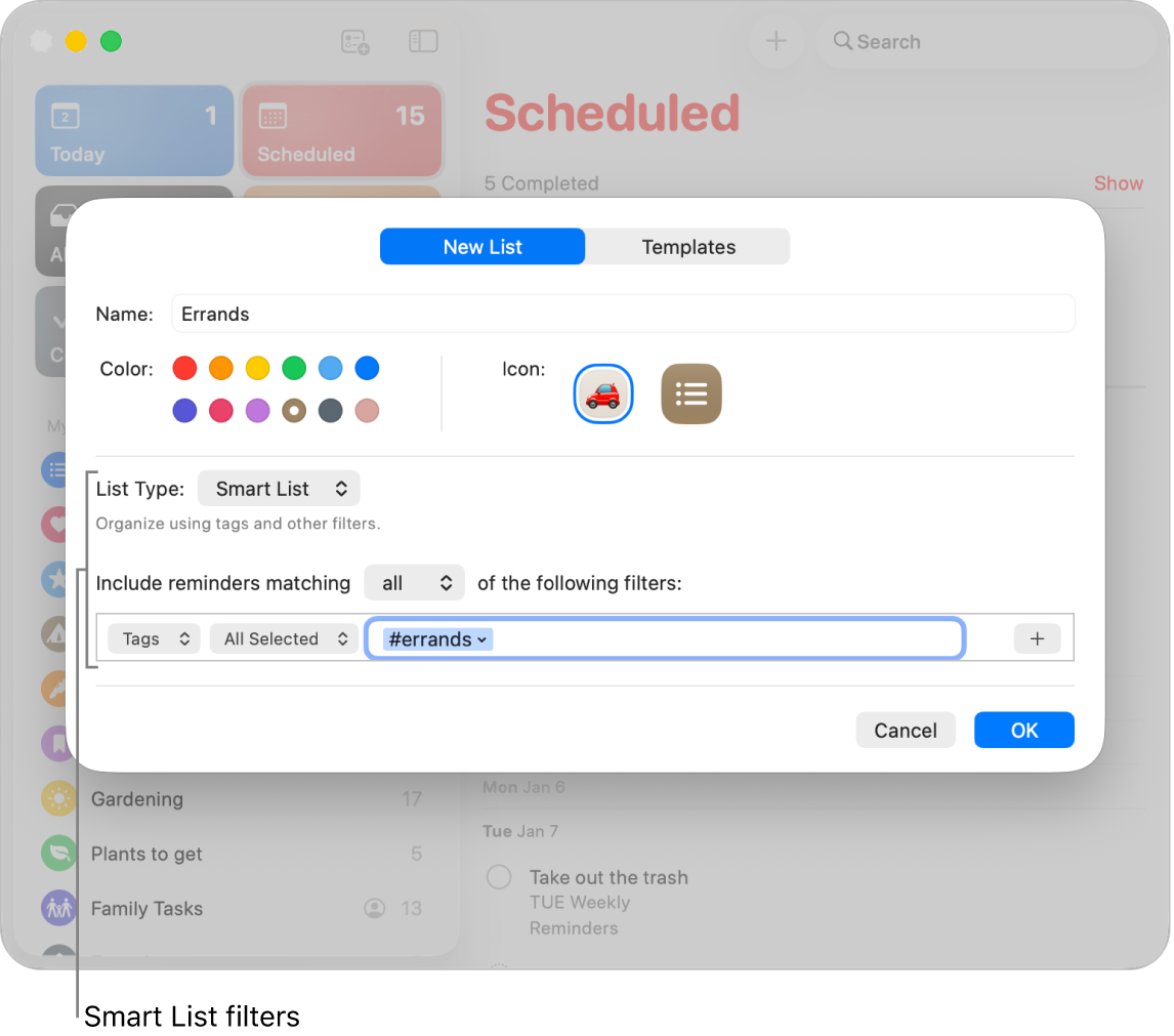 A custom Smart List info window showing the filters pop-up menu.