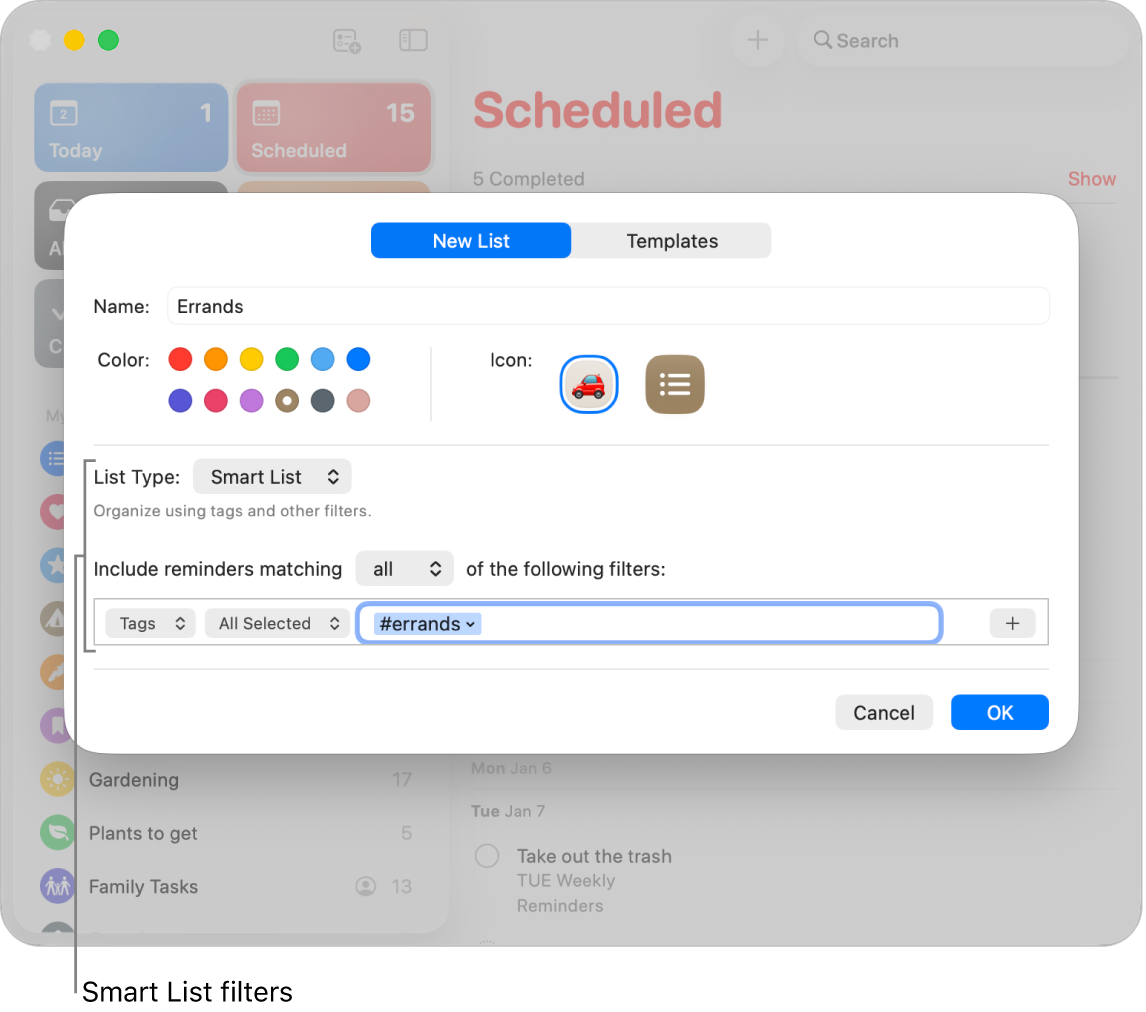 A custom Smart List info window showing the filters pop-up menu.