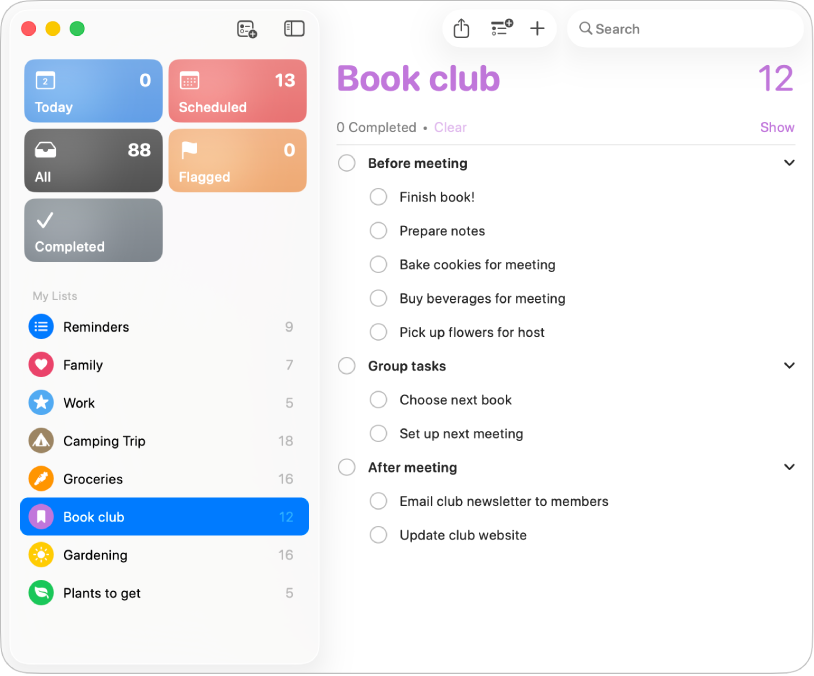 A Reminders window showing a list with subtasks.