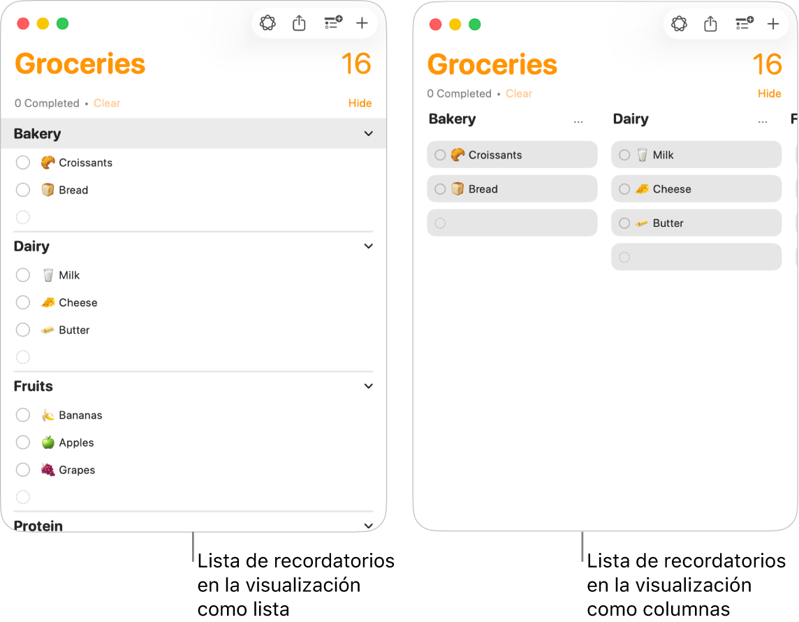 A la izquierda hay una lista de recordatorios que se muestra como lista; a la derecha esa misma lista se muestra en columnas. La lista de recordatorios consta de tres secciones; los títulos de las secciones se utilizan en los encabezados de las columnas.
