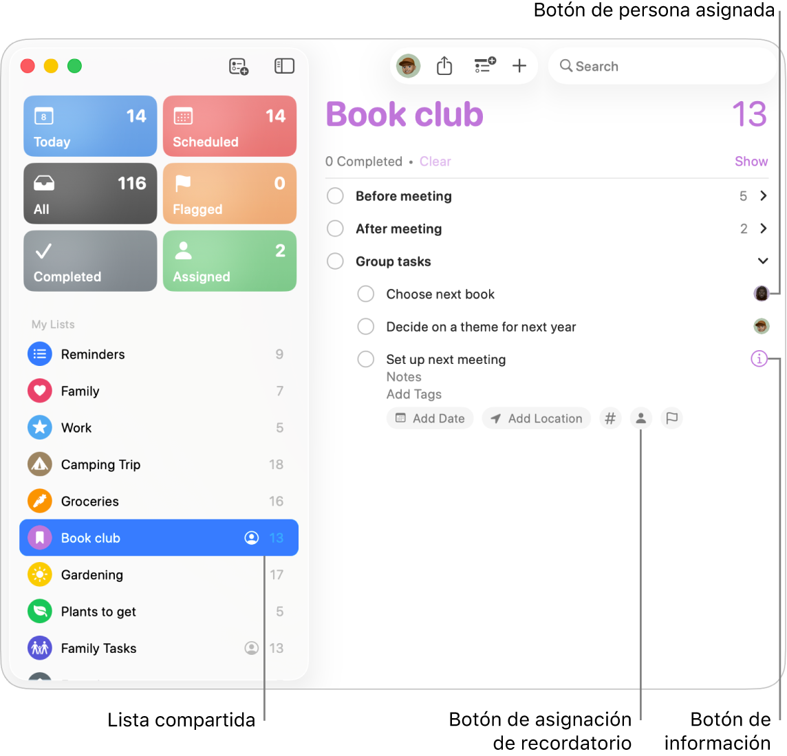 Ventana de Recordatorios con una lista compartida de recordatorios asignados.