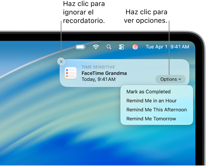 Una notificación de recordatorio con los botones Completar y “Más tarde”.