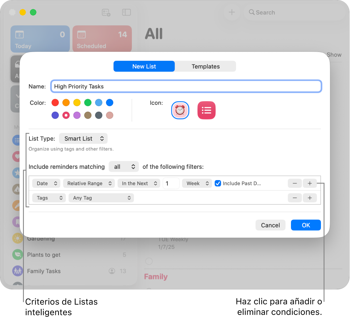 El cuadro de diálogo “Nueva lista inteligente” con los campos utilizados para especificar los criterios.