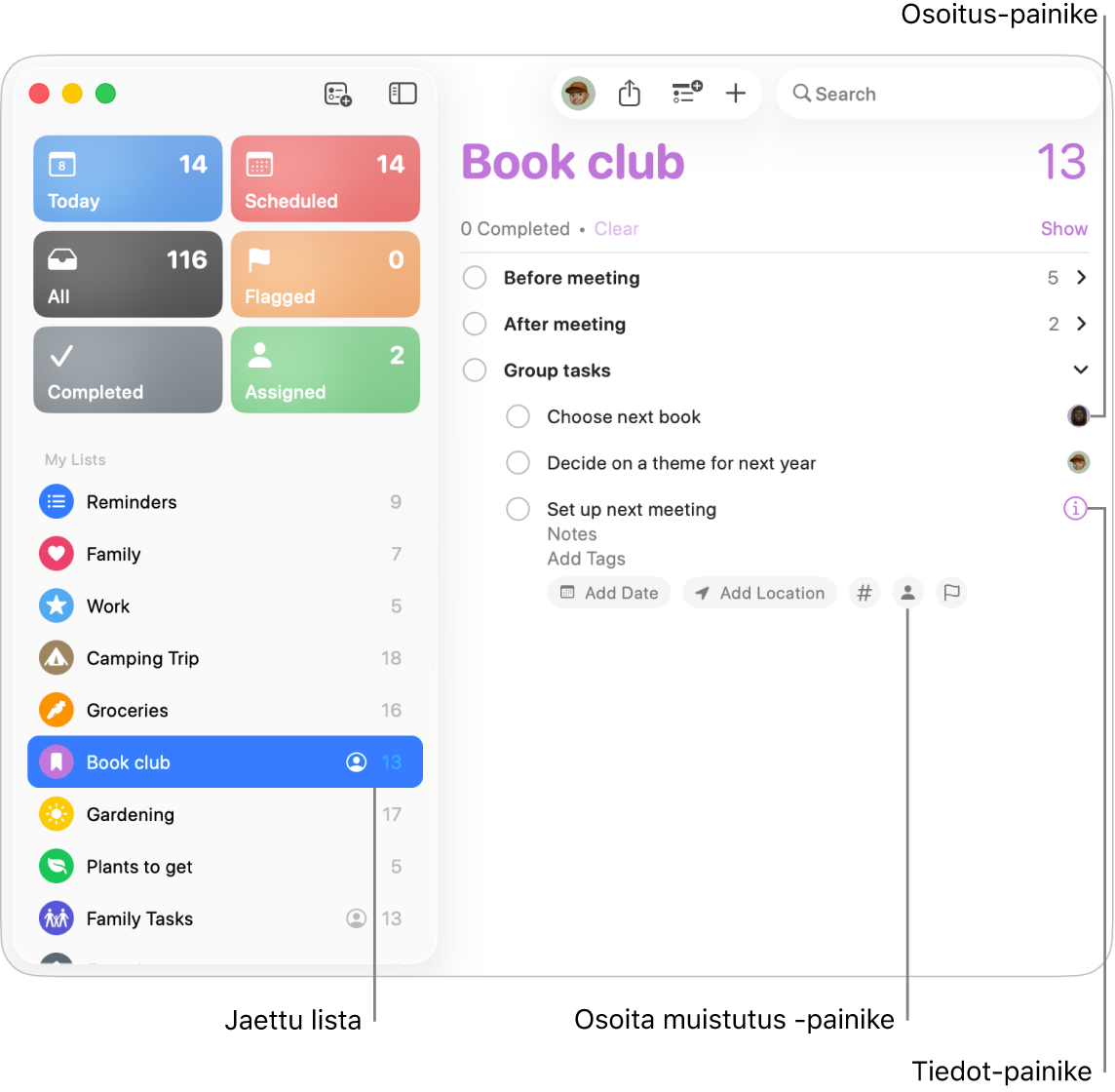 Muistutukset-ikkuna, jossa näkyy jaettu lista ja siinä osoitettuja muistutuksia.