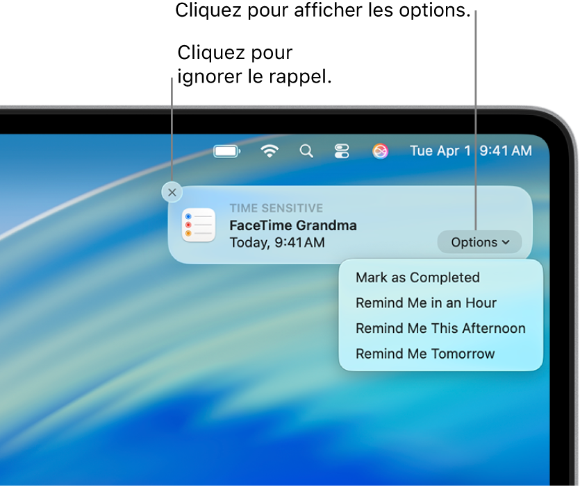 Notification Rappel avec les boutons Terminer et Plus tard.