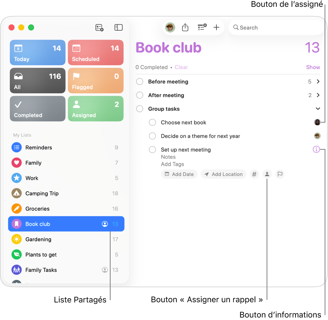 Une fenêtre Rappels affichant une liste partagée avec des rappels assignés.