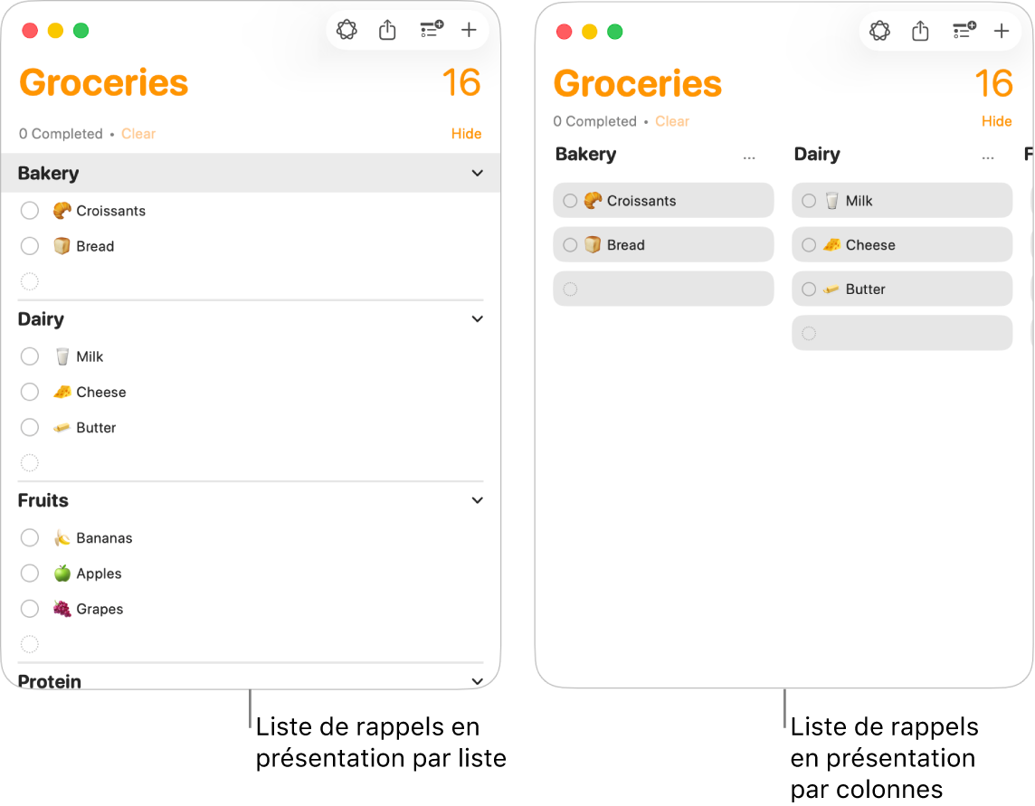 À gauche se trouve une liste de rappels affichée sous forme de liste ; à droite, la même liste de rappels affichée dans des colonnes. La liste de rappels comprend trois sections et les titres de ces dernières sont utilisés pour les en-têtes des colonnes.