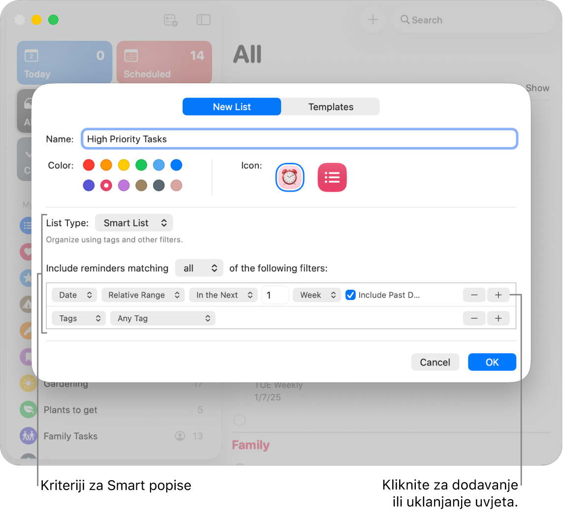 Dijaloški okvir Novi pametni popis prikazuje polja koja se koriste za određivanje kriterija.