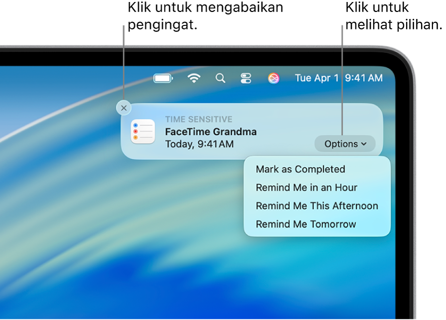 Pemberitahuan pengingat dengan tombol Selesai dan Nanti.