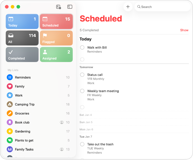 Jendela app Pengingat menampilkan Daftar Cerdas Terjadwal dengan pengingat terjadwal untuk hari ini, besok, dan 7 Januari.