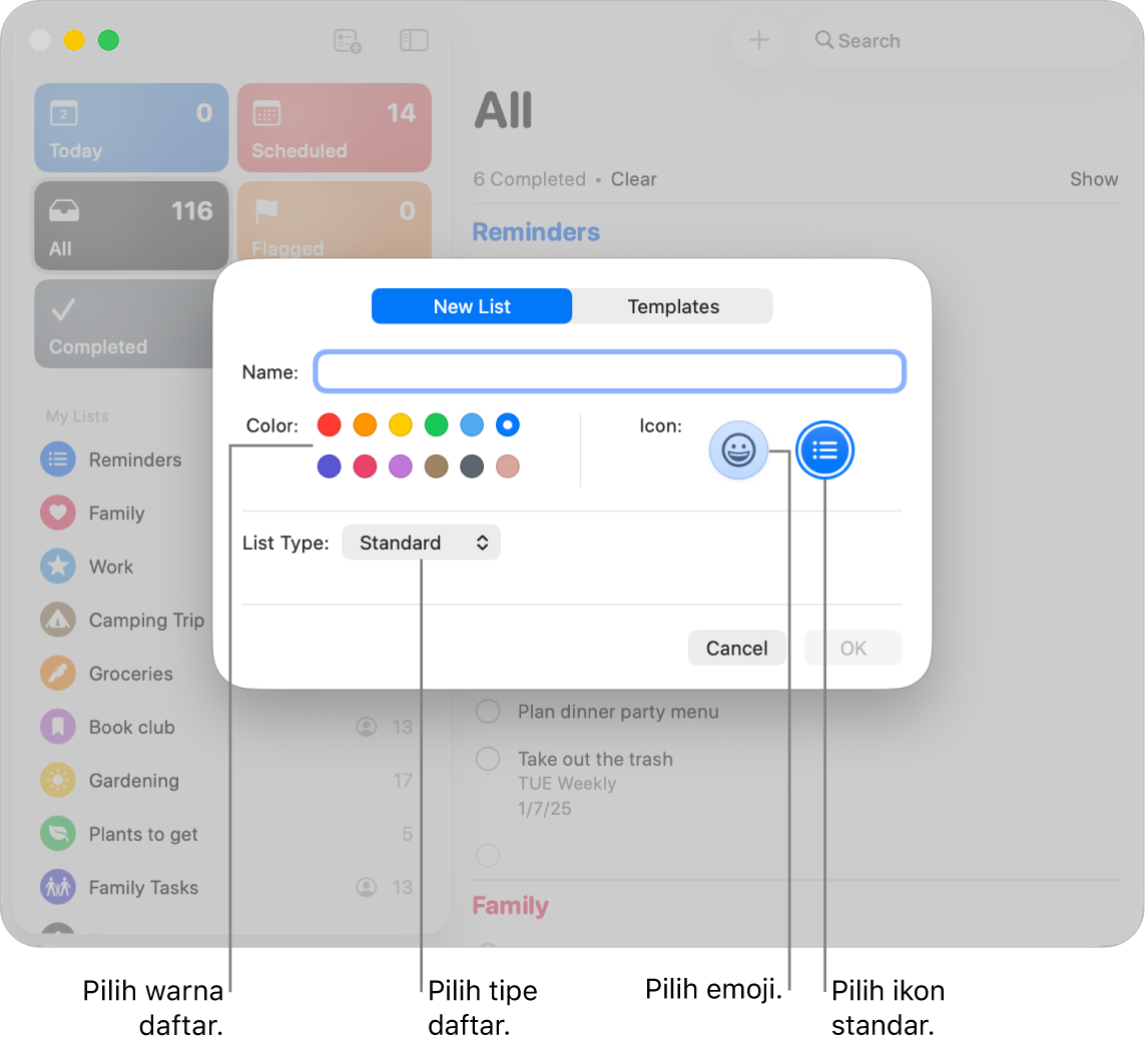 Jendela Pengingat menampilkan pilihan untuk daftar baru.