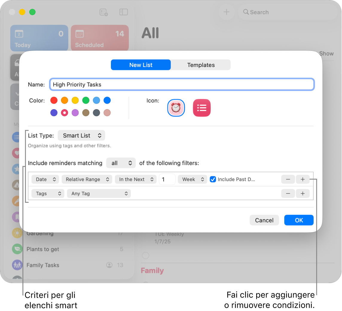 La finestra di dialogo “Nuovo elenco smart”, che mostra i campi utilizzati per specificare i criteri.