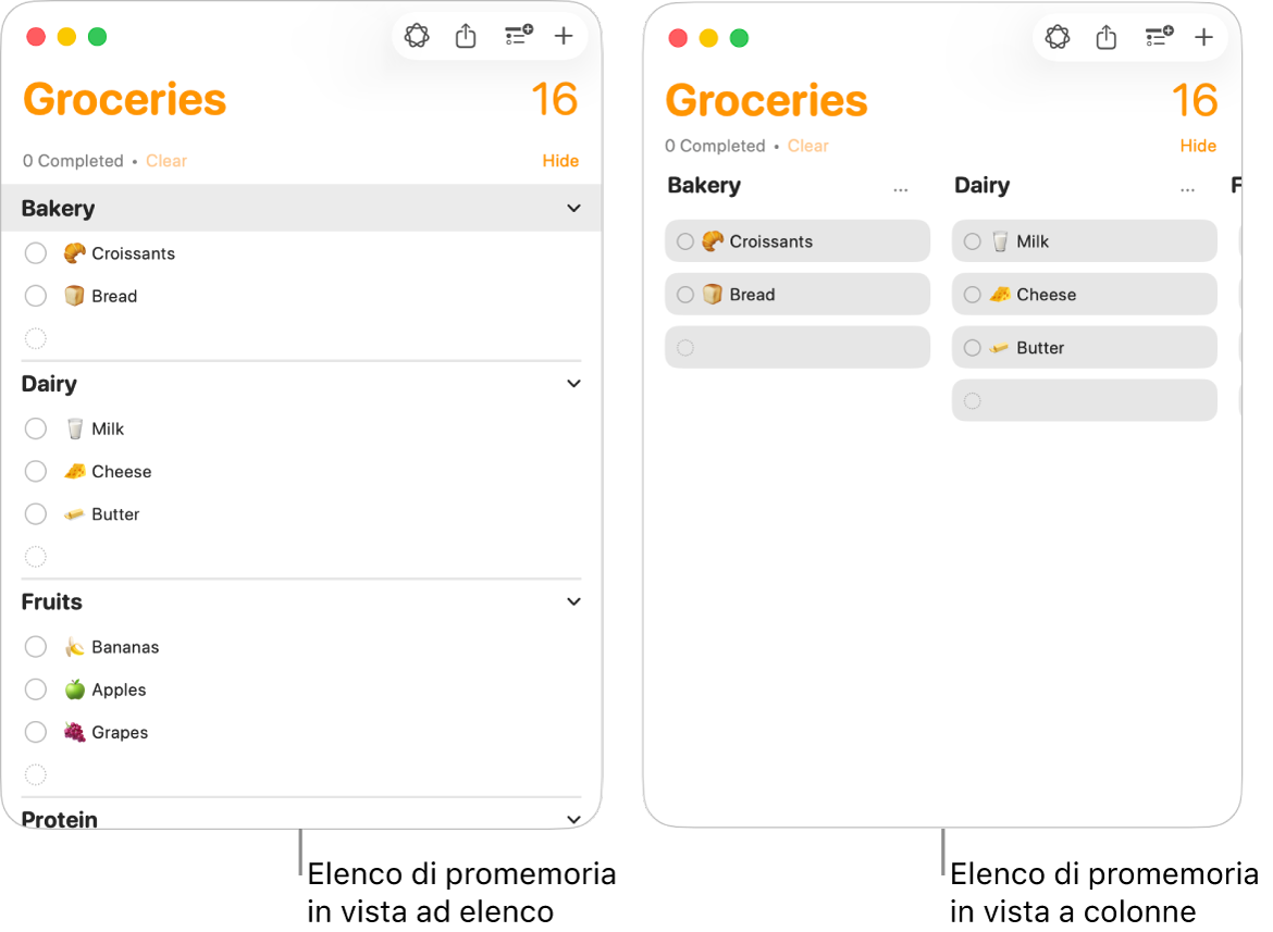 A sinistra, viene mostrato un elenco di promemoria nella vista a elenco, a destra, lo stesso elenco di promemoria viene mostrato nella vista a colonne. L’elenco di promemoria presenta tre sezioni e i titoli delle sezioni sono utilizzati per le intestazioni delle colonne.