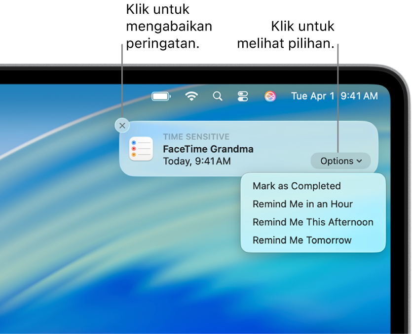 Pemberitahuan peringatan dengan butang Selesai dan Kemudian.