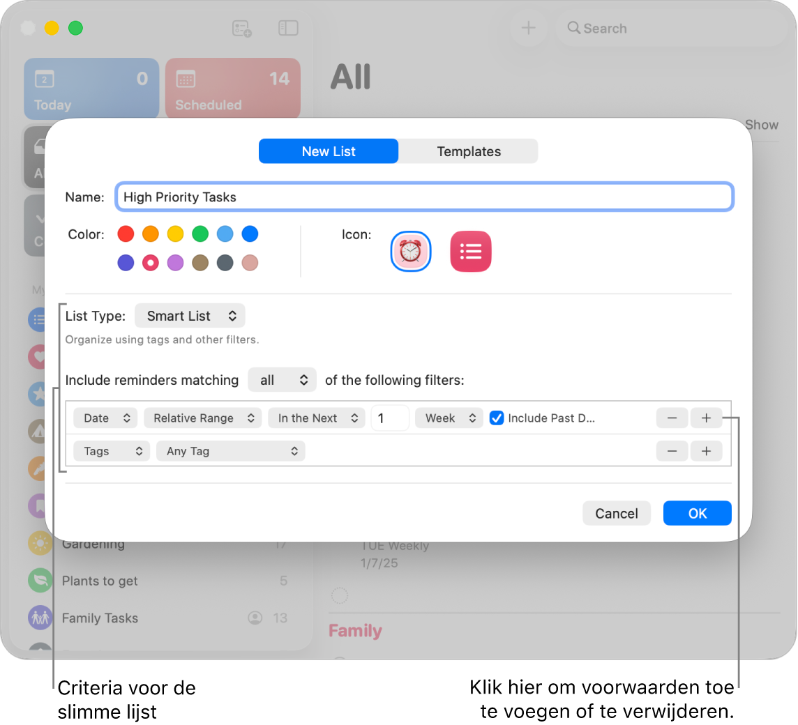 Het dialoogvenster 'Nieuwe slimme lijst' met de velden die worden gebruikt om de criteria op te geven.