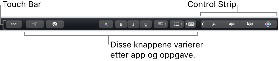 Touch Bar langs toppen av tastaturet, som viser minimert Control Strip til høyre og knapper som varierer avhengig av app eller oppgave.