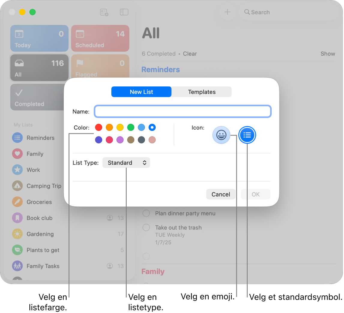 Påminnelser-vinduet viser alternativer for en ny liste.