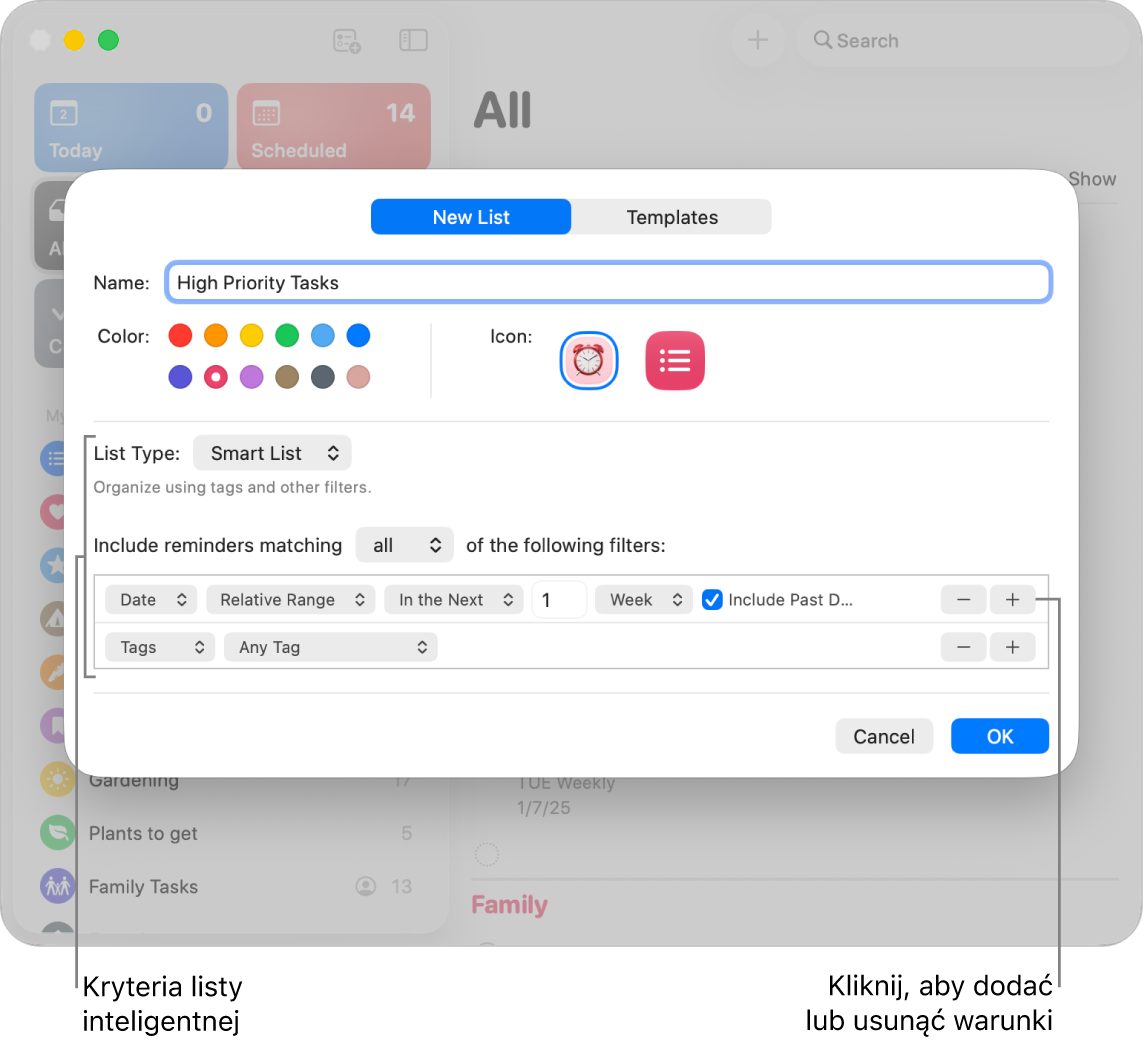 Okno dialogowe nowej listy pokazujące pola użyte do określenia kryteriów tworzenia.