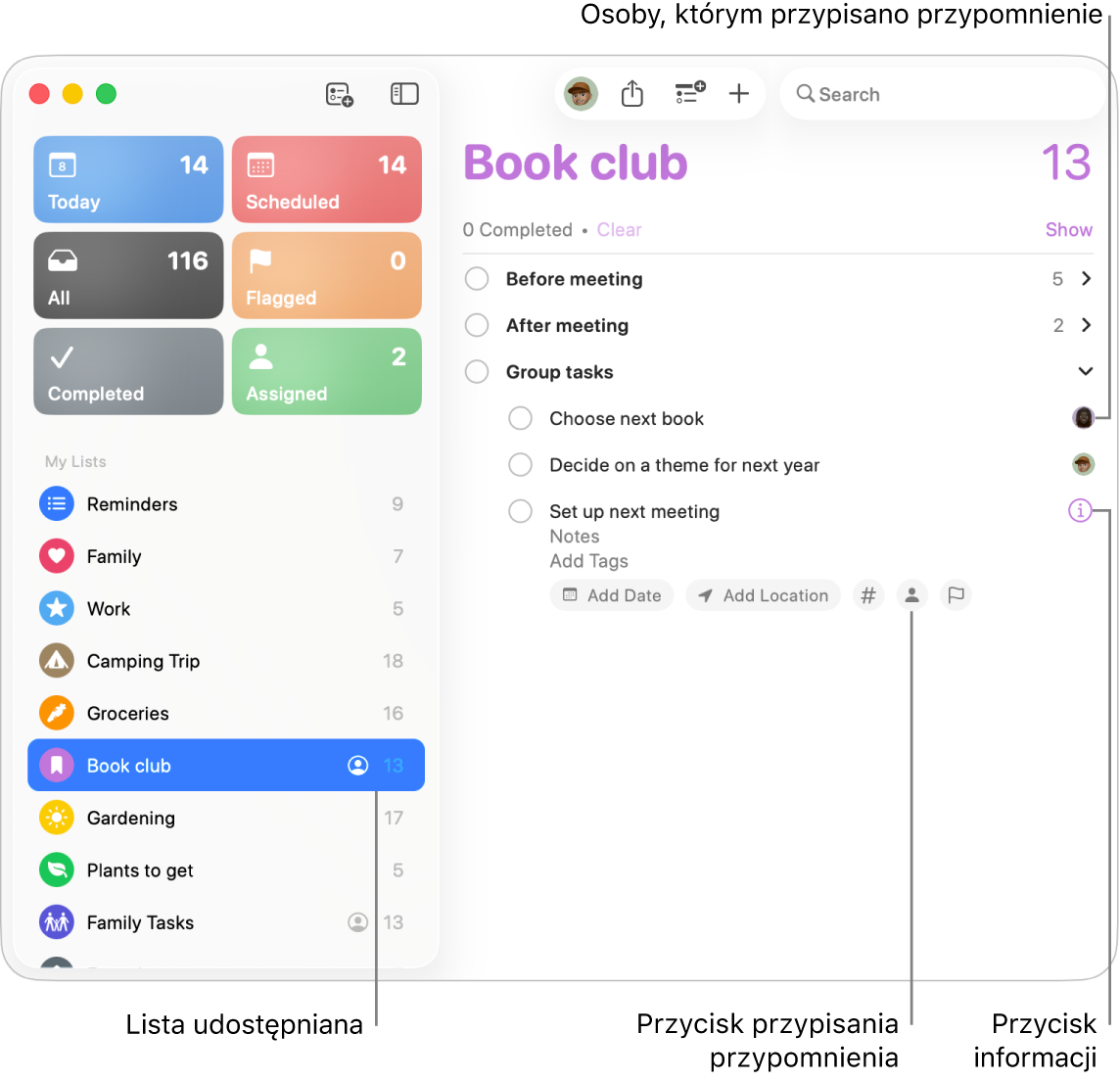 Okno aplikacji Przypomnienia z widoczną listą udostępnianą zawierającą przypisane przypomnienia.