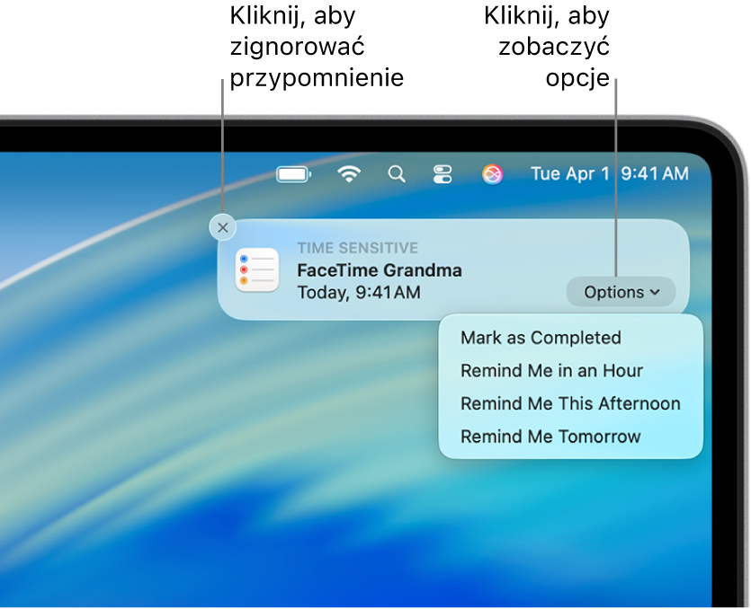 Powiadomienie o przypomnieniu, zawierające przyciski Wykonane oraz Później.