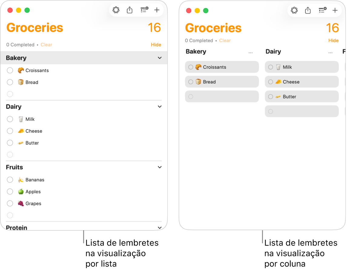 À esquerda, é mostrada uma lista de lembretes visualizada como uma lista; à direita, a mesma lista de lembretes, visualizada como colunas, é mostrada. A lista de lembretes possui três seções; os títulos das seções são usados como cabeçalhos das colunas.