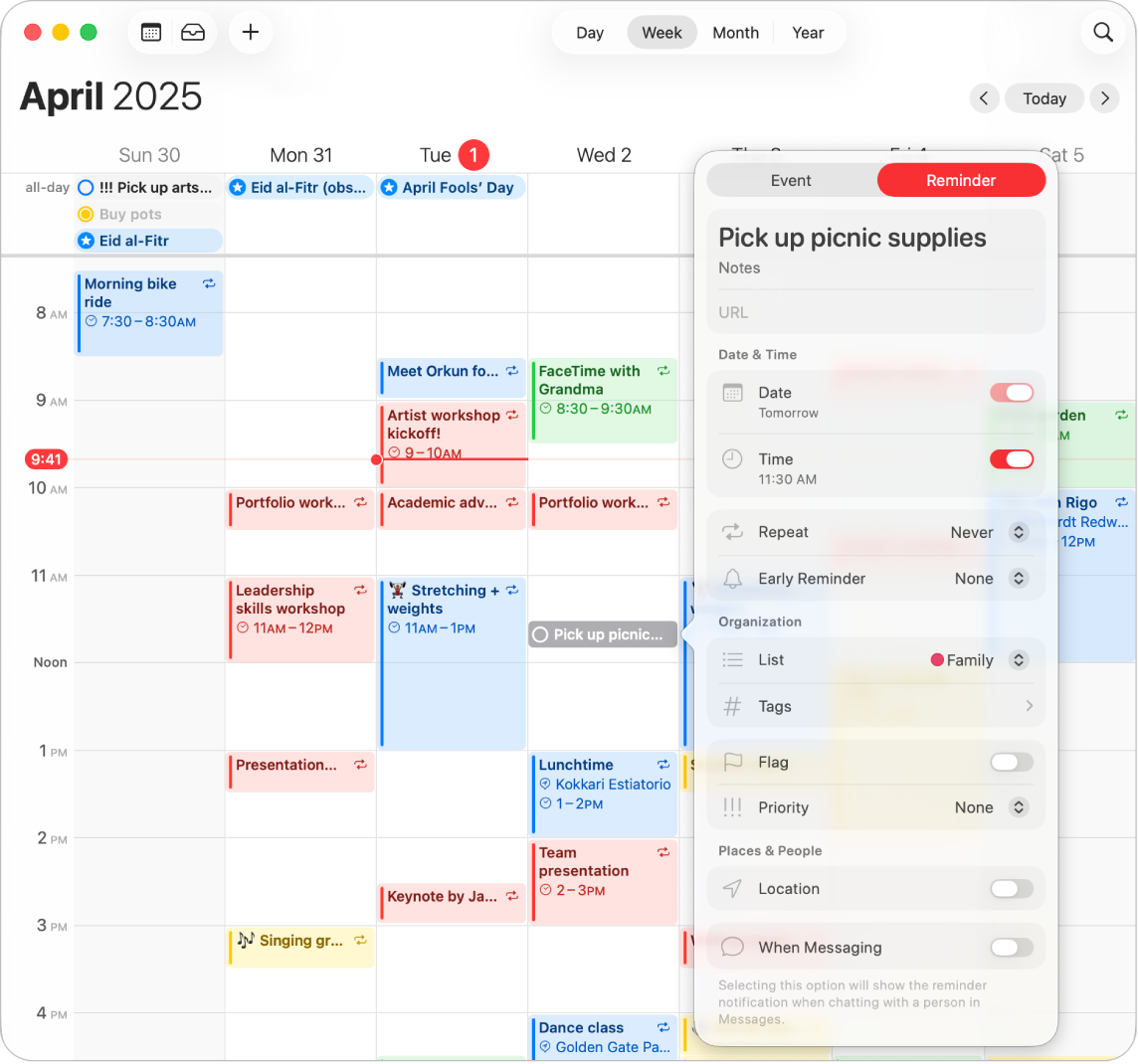 Uma janela da aplicação Calendário no Mac com uma janela de diálogo de novo lembrete aberta.