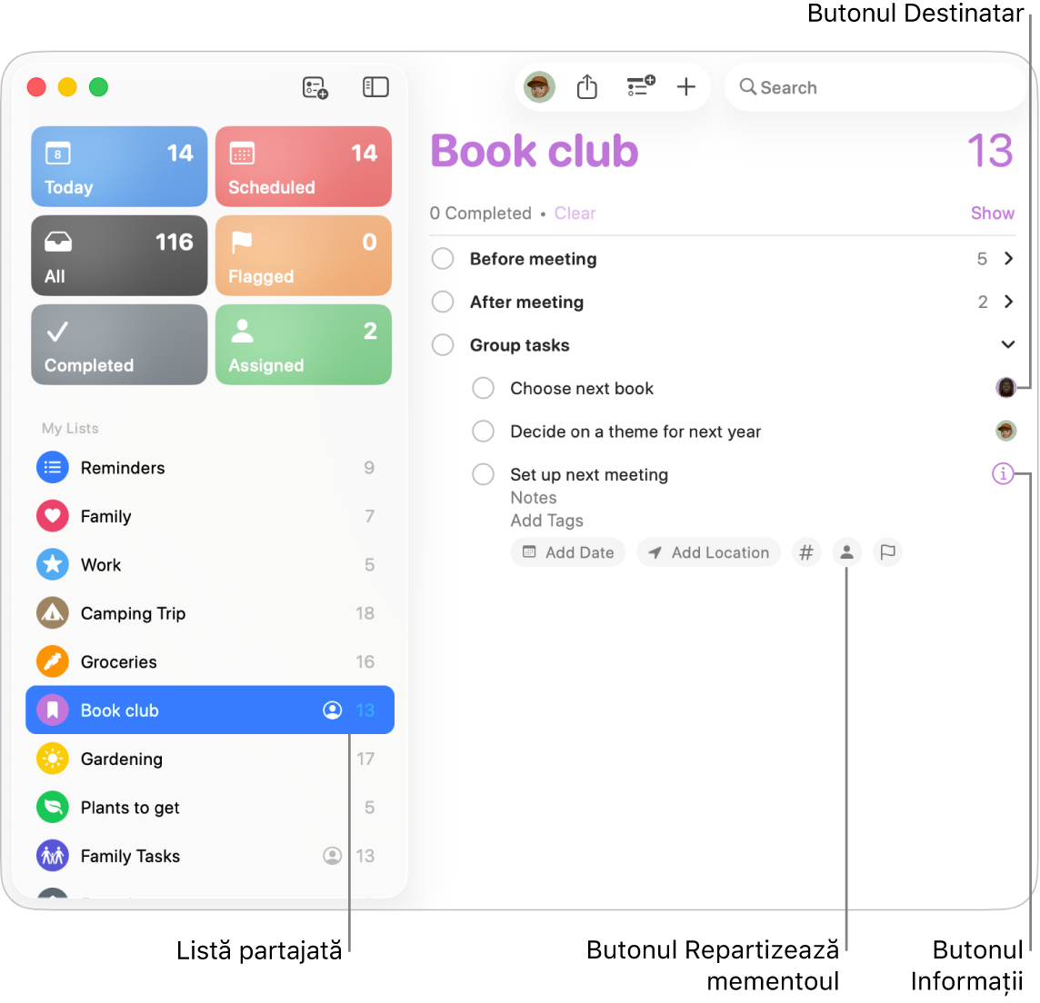 O fereastră Mementouri prezentând o listă partajată cu mementouri repartizate.